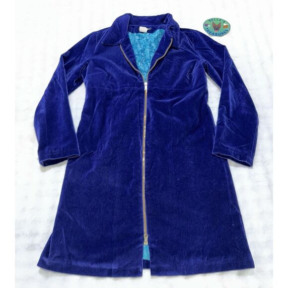 Anthropologie Small 34" Blue Navy Full Length Zip‎ Velvet Coat Jacket Lace Inlay - Picture 2 of 10